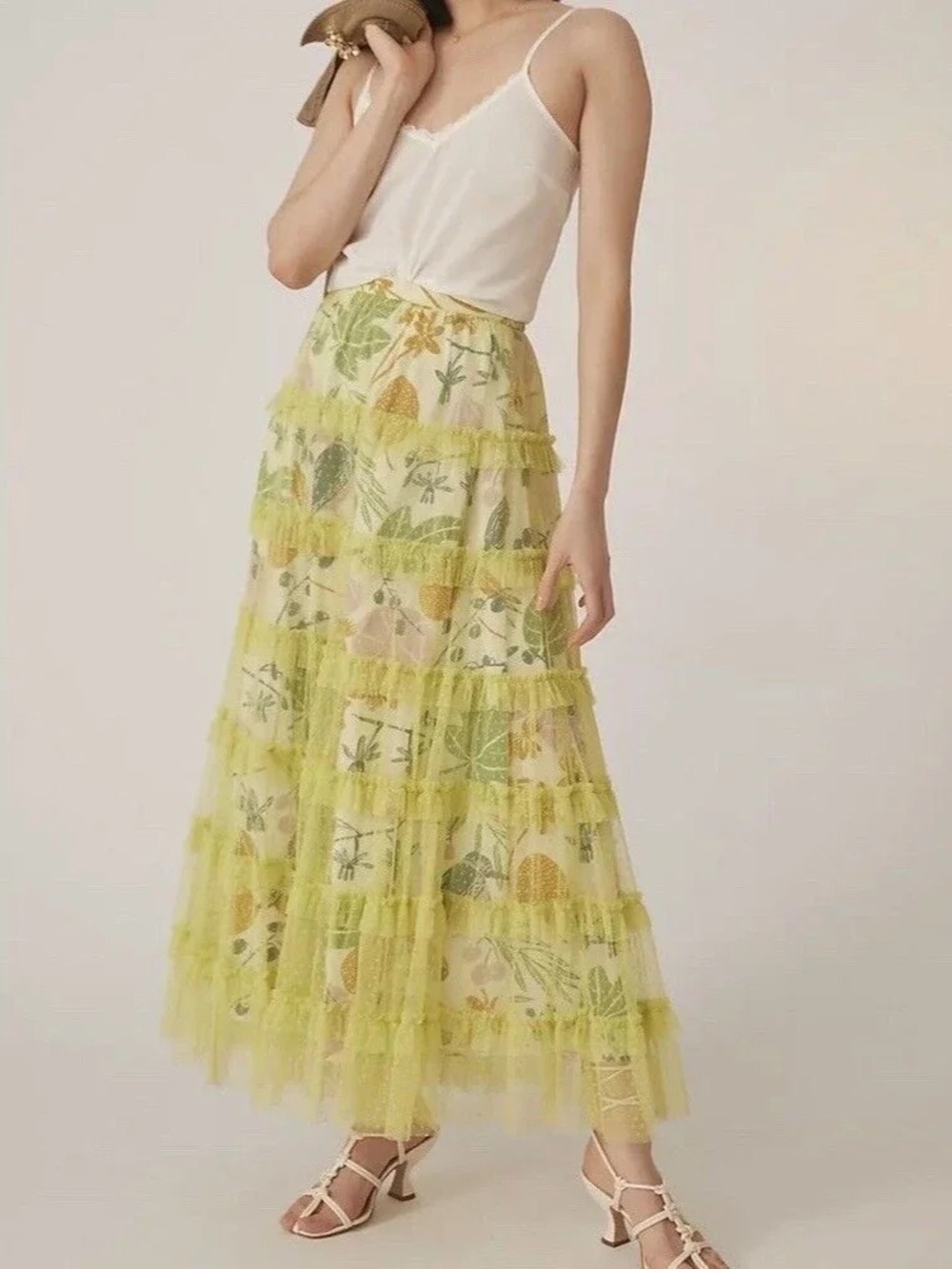 Lime Green Floral Tiered Tulle Maxi Skirt by  Anthropologie Let Me Be
